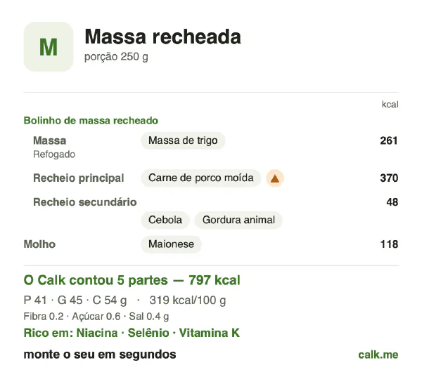 Cartão do Calk para a versão mais calórica de Massa recheada: 319 kcal por 100 g, proteína/gordura/carboidratos 21/51/28