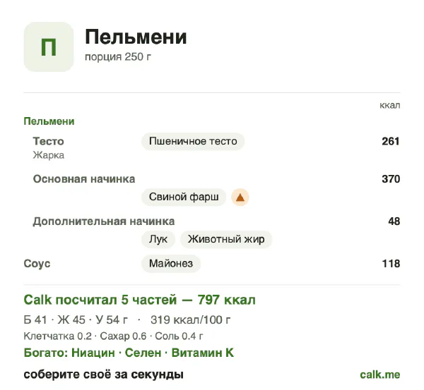 Карточка «Пельмени» в Calk — более калорийный вариант: 319 ккал на 100 г, белки/жиры/углеводы 21/51/28