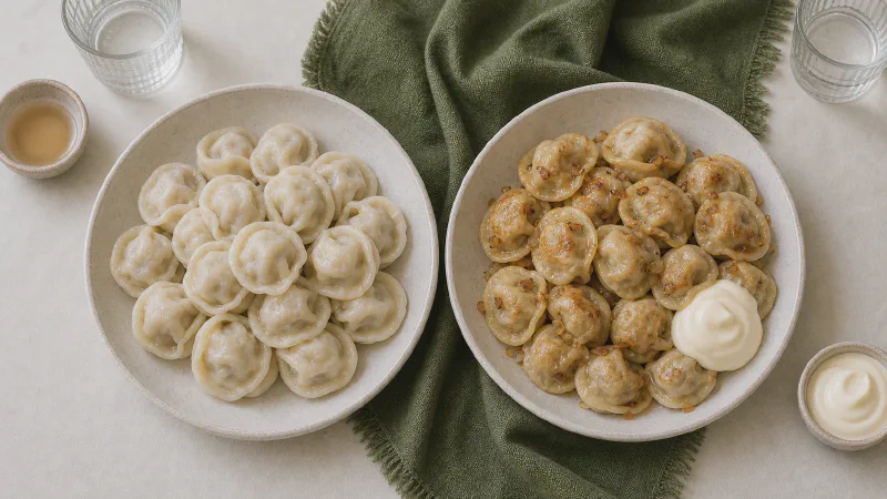 Pelmeni (meat dumplings): lower- and higher-calorie Calk versions side by side