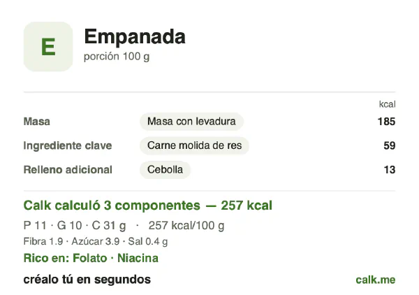 Tarjeta de Calk, versión menos calórica de Empanada: 257 kcal por 100 g, proteínas/grasas/carbohidratos 18/34/48