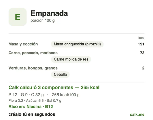 Tarjeta de Calk, versión menos calórica de Empanada: 265 kcal por 100 g, proteínas/grasas/carbohidratos 18/32/49