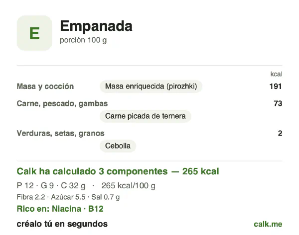 Ficha de Calk, versión menos calórica de Empanada: 265 kcal por 100 g, proteínas/grasas/hidratos 18/32/49