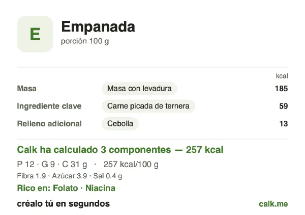 Ficha de Calk, versión menos calórica de Empanada: 257 kcal por 100 g, proteínas/grasas/hidratos 18/33/49
