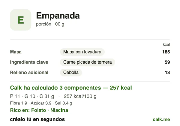 Ficha de Calk, versión menos calórica de Empanada: 257 kcal por 100 g, proteínas/grasas/hidratos 18/34/48
