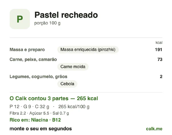 Cartão do Calk para a versão menos calórica de Pastel recheado: 265 kcal por 100 g, proteína/gordura/carboidratos 18/32/49