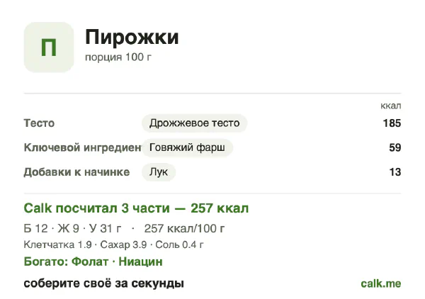 Карточка Calk, менее калорийный вариант Пирожки: 257 ккал на 100 г, белки/жиры/углеводы 18/33/49