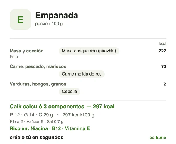 Tarjeta de Calk, versión más calórica de Empanada: 297 kcal por 100 g, proteínas/grasas/carbohidratos 16/44/40