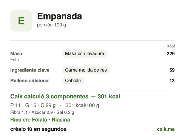 Tarjeta de Calk, versión más calórica de Empanada: 301 kcal por 100 g, proteínas/grasas/carbohidratos 14/47/39