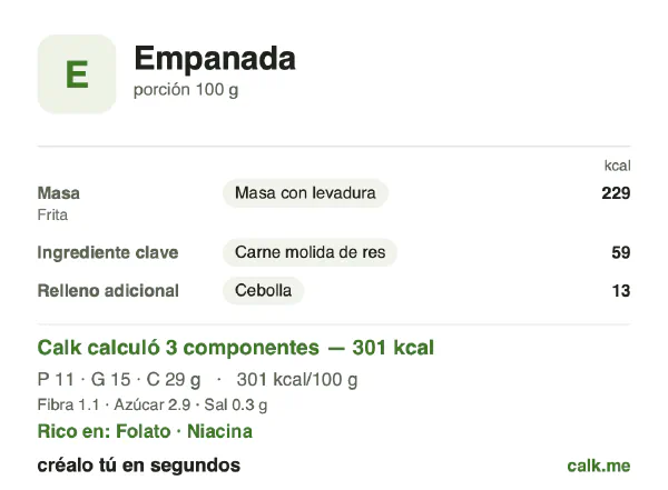 Tarjeta de Calk, versión más calórica de Empanada: 301 kcal por 100 g, proteínas/grasas/carbohidratos 15/46/39