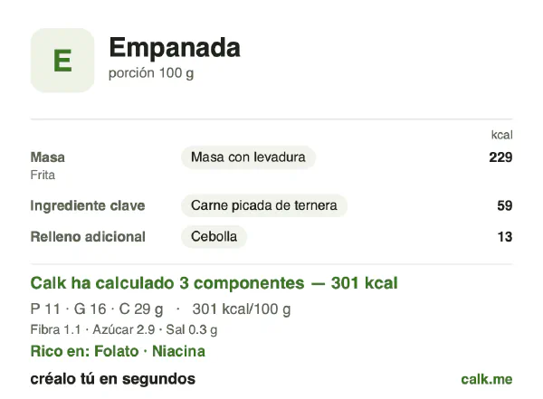 Ficha de Calk, versión más calórica de Empanada: 301 kcal por 100 g, proteínas/grasas/hidratos 14/47/39