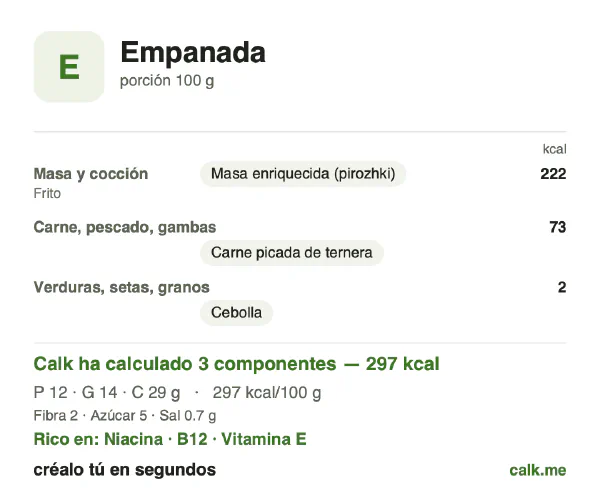 Ficha de Calk, versión más calórica de Empanada: 297 kcal por 100 g, proteínas/grasas/hidratos 16/44/40