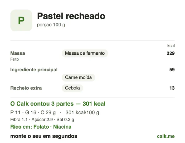 Cartão do Calk para a versão mais calórica de Pastel recheado: 301 kcal por 100 g, proteína/gordura/carboidratos 14/47/39