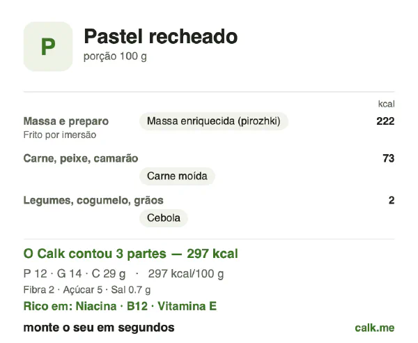 Cartão do Calk para a versão mais calórica de Pastel recheado: 297 kcal por 100 g, proteína/gordura/carboidratos 16/44/40