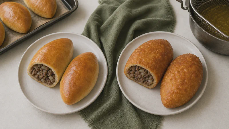 Meat piroshok (hand pie): lower- and higher-calorie Calk versions side by side