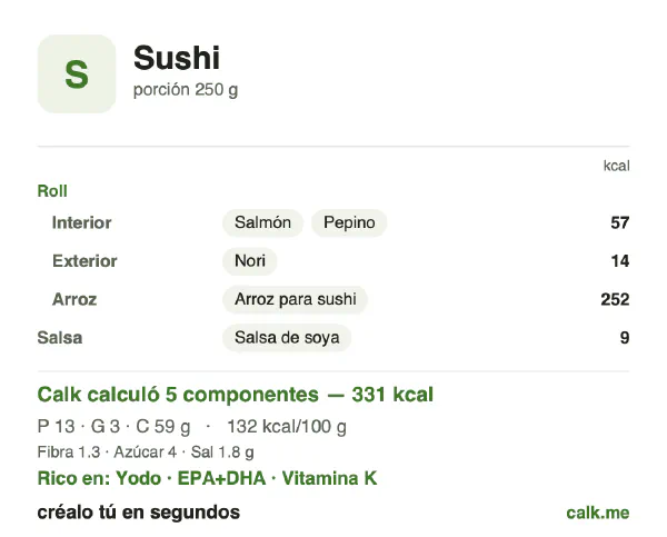 Tarjeta de Calk, versión menos calórica de Sushi: 132 kcal por 100 g, proteínas/grasas/carbohidratos 17/9/74