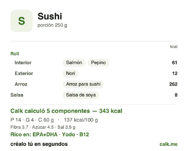 Tarjeta de Calk, versión menos calórica de Sushi: 137 kcal por 100 g, proteínas/grasas/carbohidratos 16/12/72