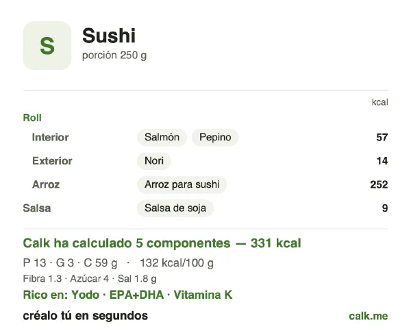 Ficha de Calk, versión menos calórica de Sushi: 132 kcal por 100 g, proteínas/grasas/hidratos 17/9/74