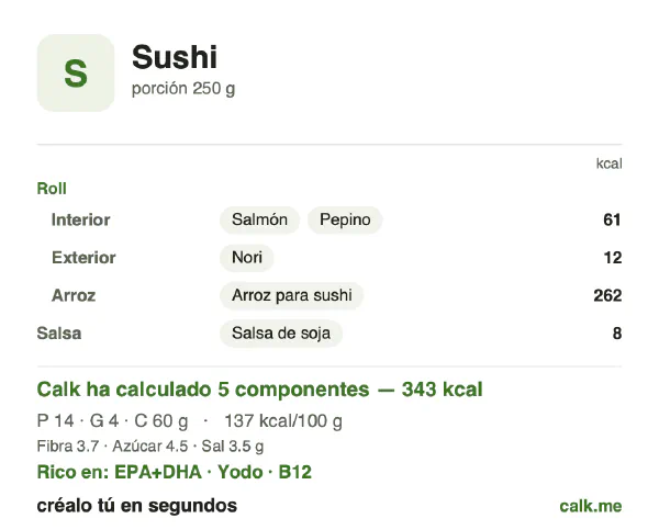 Ficha de Calk, versión menos calórica de Sushi: 137 kcal por 100 g, proteínas/grasas/hidratos 16/12/72