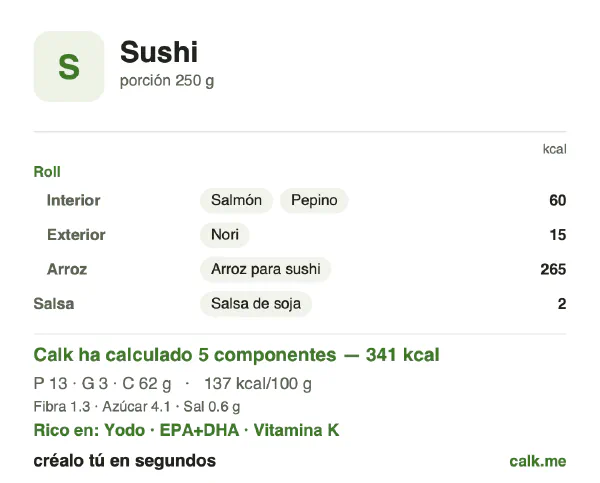 Ficha de Calk, versión menos calórica de Sushi: 137 kcal por 100 g, proteínas/grasas/hidratos 16/9/75