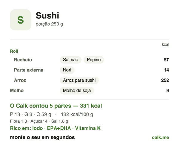 Cartão do Calk para a versão menos calórica de Sushi: 132 kcal por 100 g, proteína/gordura/carboidratos 17/9/74