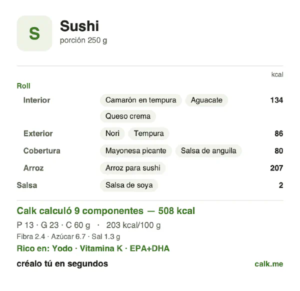 Tarjeta de Calk, versión más calórica de Sushi: 203 kcal por 100 g, proteínas/grasas/carbohidratos 10/42/48