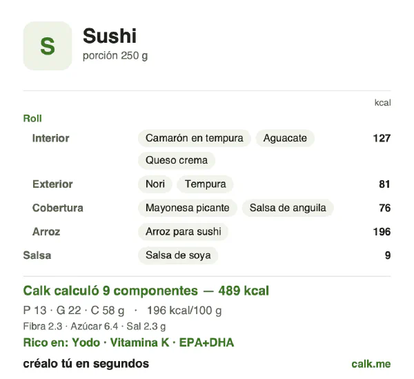 Tarjeta de Calk, versión más calórica de Sushi: 196 kcal por 100 g, proteínas/grasas/carbohidratos 11/41/48