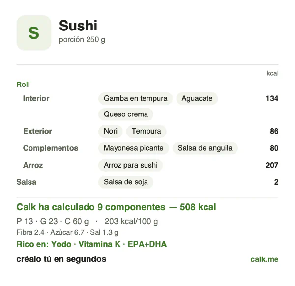Ficha de Calk, versión más calórica de Sushi: 203 kcal por 100 g, proteínas/grasas/hidratos 10/42/48