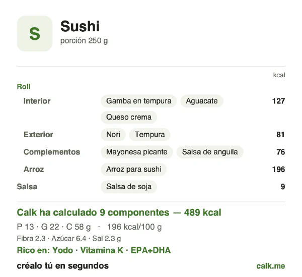 Ficha de Calk, versión más calórica de Sushi: 196 kcal por 100 g, proteínas/grasas/hidratos 11/41/48