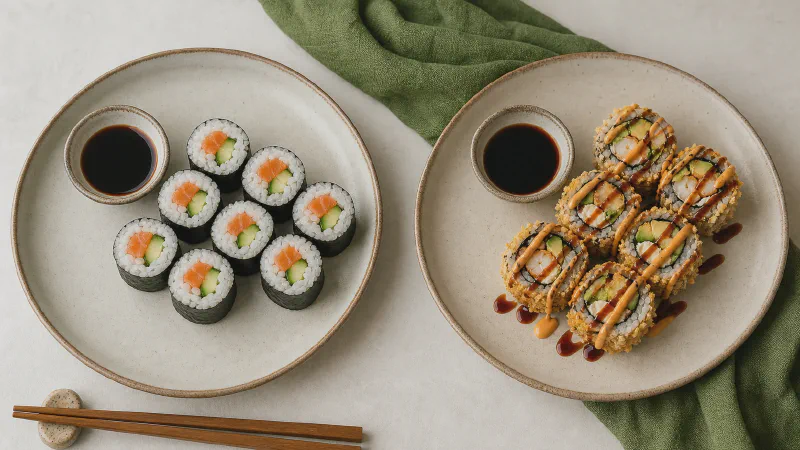 Sushi roll: lower- and higher-calorie Calk versions side by side