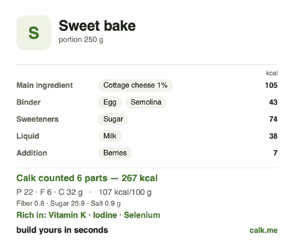 Lower calorie Calk card for Sweet bake: 107 kcal per 100 g, protein/fat/carbs 33/19/48