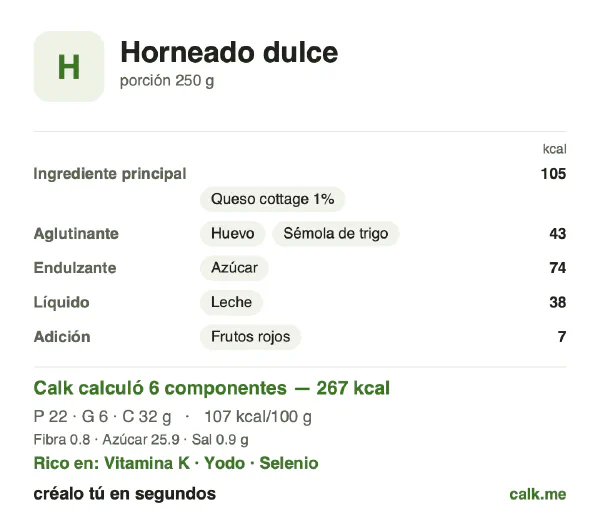 Tarjeta de Calk, versión menos calórica de Postres horneados: 107 kcal por 100 g, proteínas/grasas/carbohidratos 33/19/48