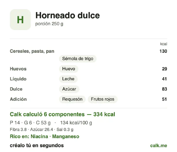 Tarjeta de Calk, versión menos calórica de Postres horneados: 134 kcal por 100 g, proteínas/grasas/carbohidratos 18/17/65