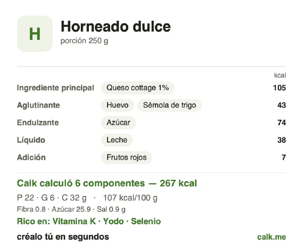 Tarjeta de Calk, versión menos calórica de Postres horneados: 107 kcal por 100 g, proteínas/grasas/carbohidratos 33/19/48