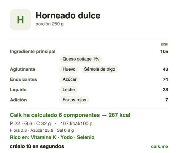 Ficha de Calk, versión menos calórica de Dulces al horno: 107 kcal por 100 g, proteínas/grasas/hidratos 33/19/48