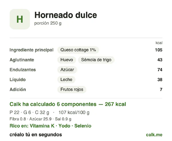 Ficha de Calk, versión menos calórica de Dulces al horno: 107 kcal por 100 g, proteínas/grasas/hidratos 33/19/48