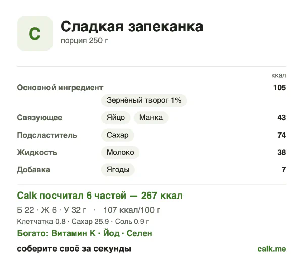 Карточка «Сладкая запеканка» в Calk — менее калорийный вариант: 107 ккал на 100 г, белки/жиры/углеводы 33/19/48