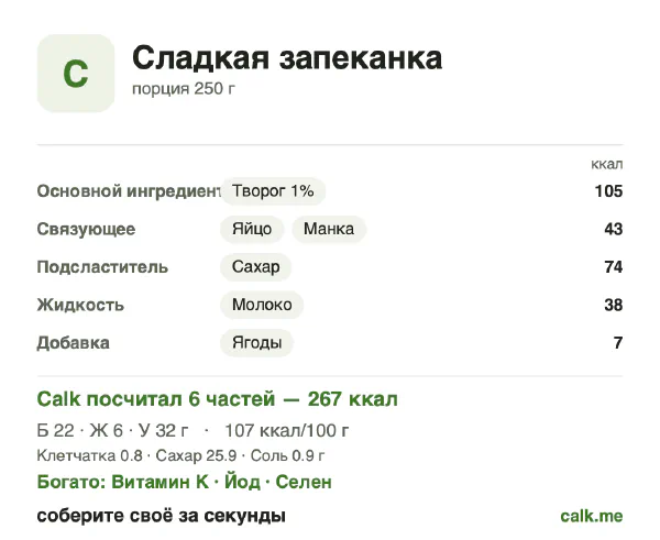 Карточка Calk, менее калорийный вариант Сладкая запеканка: 107 ккал на 100 г, белки/жиры/углеводы 33/19/48