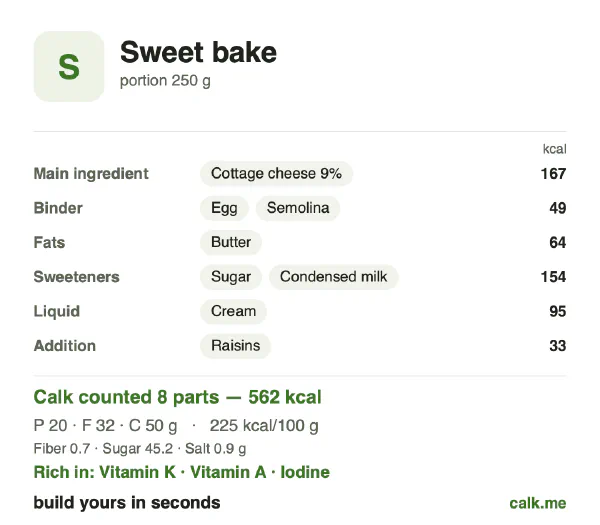 Higher calorie Calk card for Sweet bake: 225 kcal per 100 g, protein/fat/carbs 14/50/36