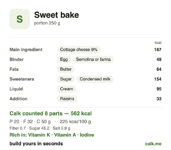 Higher calorie Calk card for Sweet bake: 225 kcal per 100 g, protein/fat/carbs 14/50/36