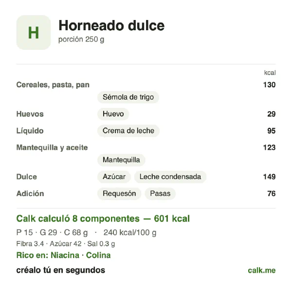Tarjeta de Calk, versión más calórica de Postres horneados: 240 kcal por 100 g, proteínas/grasas/carbohidratos 10/44/46