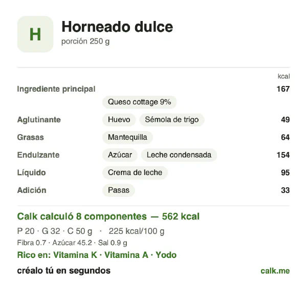 Tarjeta de Calk, versión más calórica de Postres horneados: 225 kcal por 100 g, proteínas/grasas/carbohidratos 14/50/36