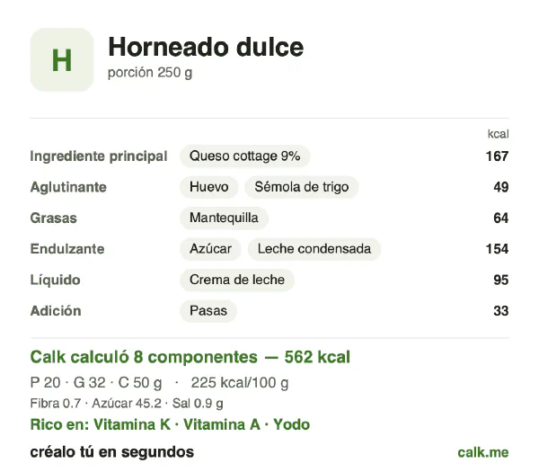 Tarjeta de Calk, versión más calórica de Postres horneados: 225 kcal por 100 g, proteínas/grasas/carbohidratos 14/50/36