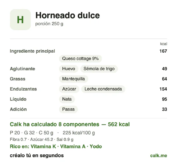Ficha de Calk, versión más calórica de Dulces al horno: 225 kcal por 100 g, proteínas/grasas/hidratos 14/50/36