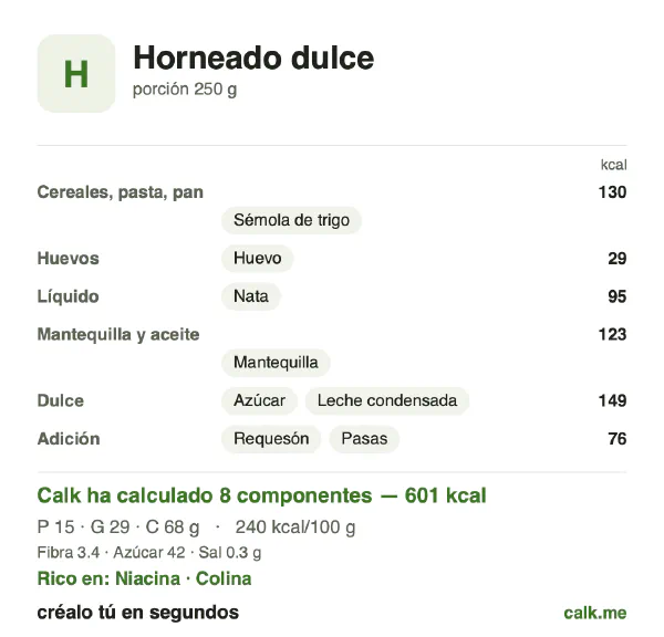 Ficha de Calk, versión más calórica de Dulces al horno: 240 kcal por 100 g, proteínas/grasas/hidratos 10/44/46