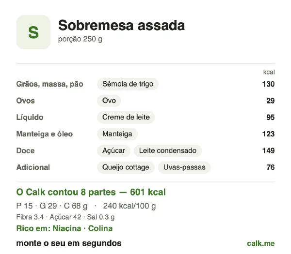Cartão do Calk para a versão mais calórica de Doces assados: 240 kcal por 100 g, proteína/gordura/carboidratos 10/44/46
