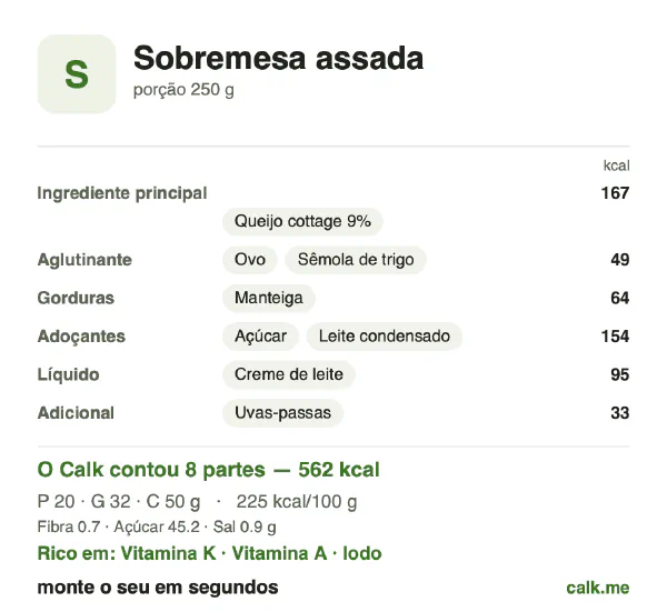 Cartão do Calk para a versão mais calórica de Doces assados: 225 kcal por 100 g, proteína/gordura/carboidratos 14/50/36