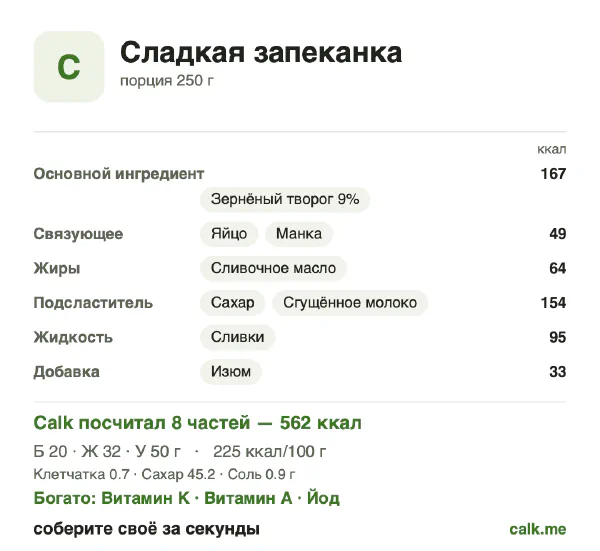 Карточка «Сладкая запеканка» в Calk — более калорийный вариант: 225 ккал на 100 г, белки/жиры/углеводы 14/50/36