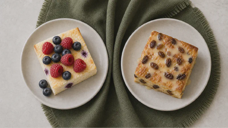 Cottage cheese casserole (zapekanka): lower- and higher-calorie Calk versions side by side