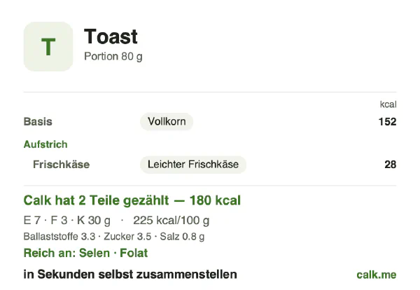 Calk-Karte für die kalorienärmere Variante von Toast: 225 kcal pro 100 g, Eiweiß/Fett/Kohlenhydrate 16/17/67