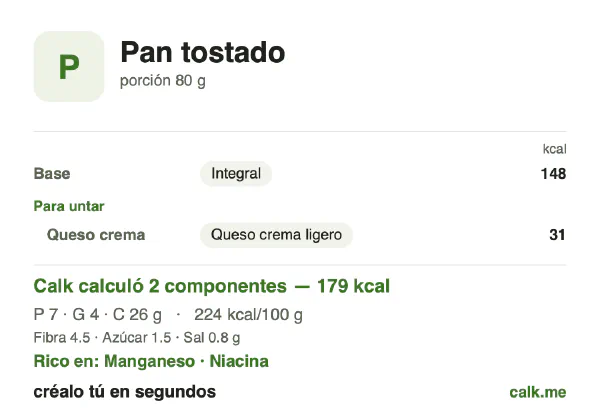 Tarjeta de Calk, versión menos calórica de Pan tostado: 224 kcal por 100 g, proteínas/grasas/carbohidratos 16/23/60